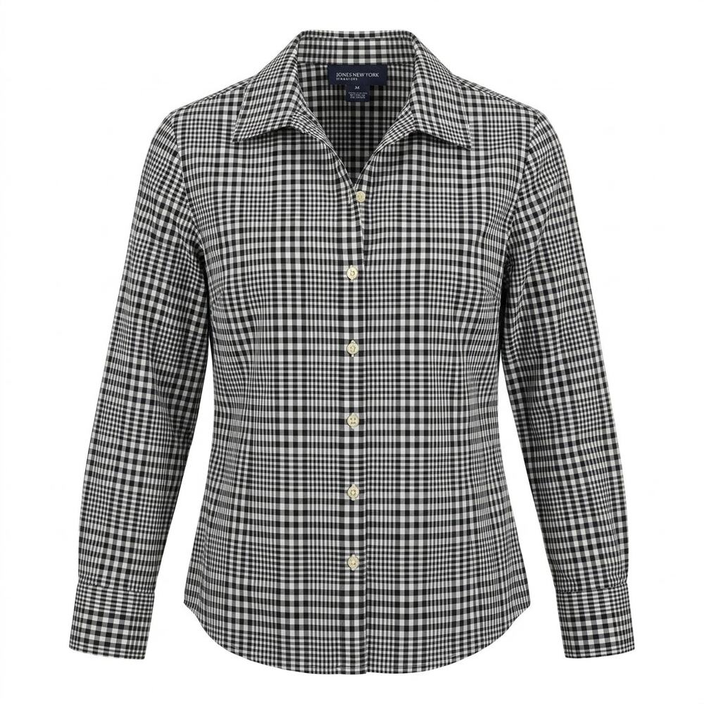 Jones New York Signature Black White Check Button Up Blouse Women Size M